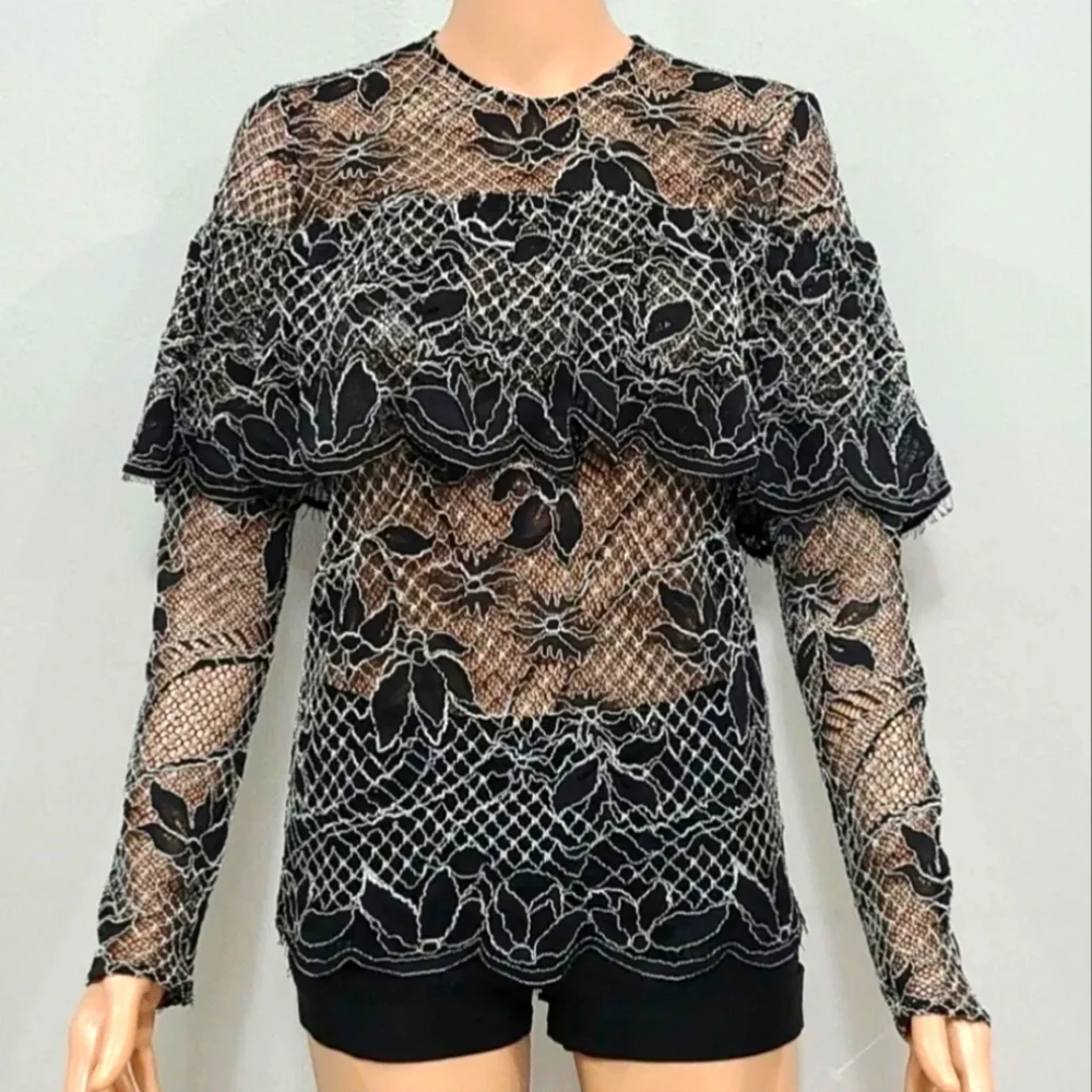Zara Black/White Lace Top With Ruffle
